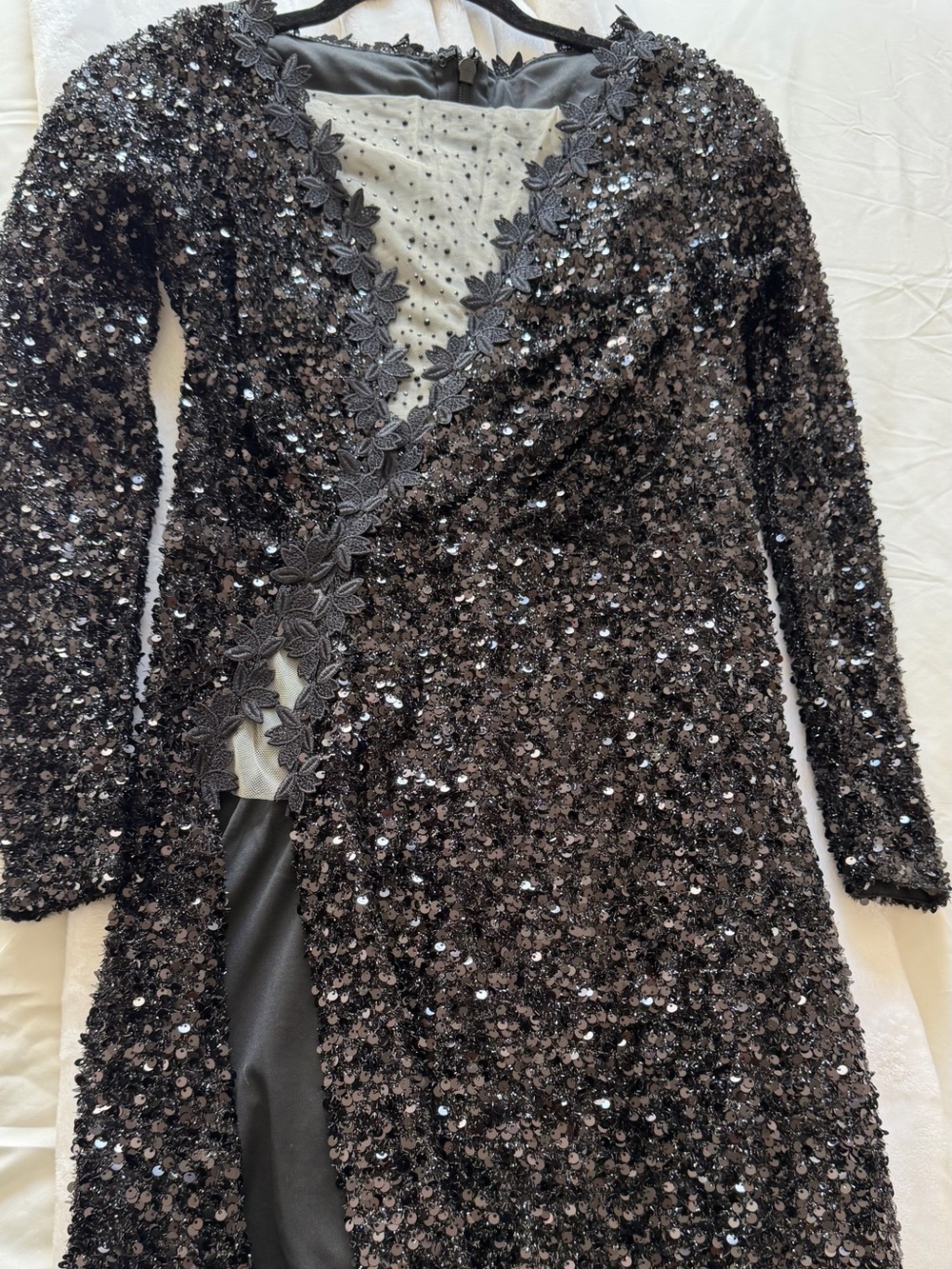 Black Sequin Long Sleeve Evening Dress with Floral Trim